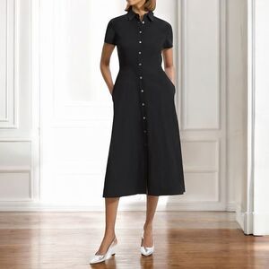 Theory Linen-Blend Good Crunch Midi Shirtdress Black Size 8 Button Front Dress
